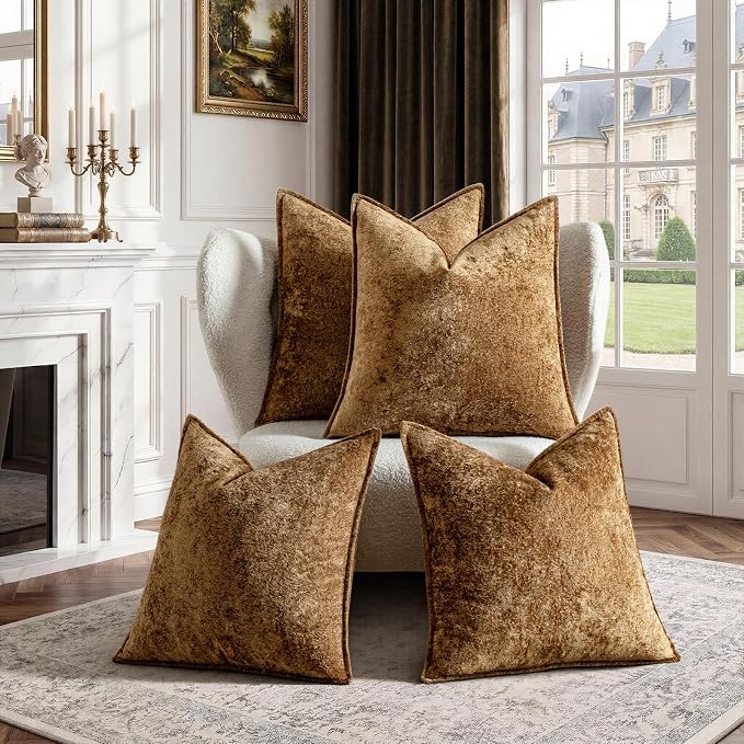 a moment Throw Pillow Covers 24X24 Inch 4 Packs,Soft Velvet Decorative Pillow Cases with 3D Ice Flower,Texture Modern Accent Cushion Covers for Sofa Couch Home Decor Golden Brown