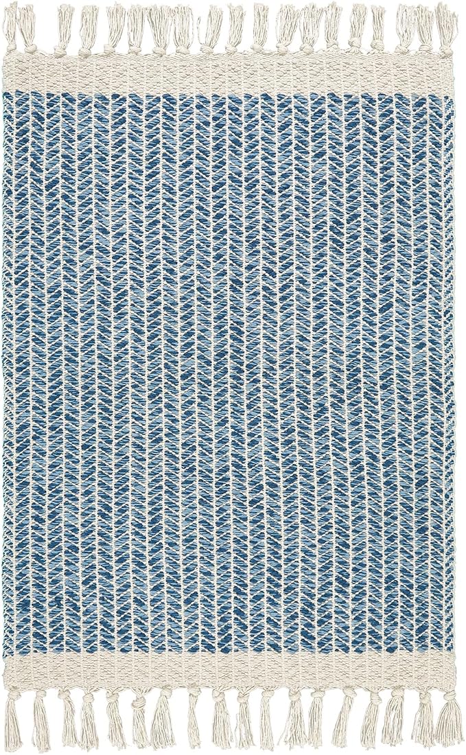 Lahome Boho Bathroom Rugs, 3x5 Washable Area Rug for Kitchen Bedroom Entry | Bath Door Mat with Tassels Woven Cotton, Farmhouse Blue Non Shedding Throw Carpet for Entryway Living Room Dorm Camper Rv