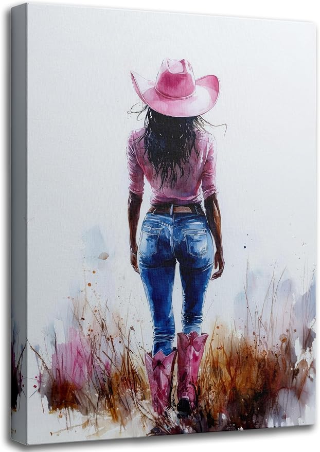 Pink Black Girl Canvas Wall Art Fashion Cowgirl Wall Decor Picture | West African American Girl Wilderness Cowgirl for Print Teen Girls Room Preppy Dormitory Bedroom Artwork Home Decoration