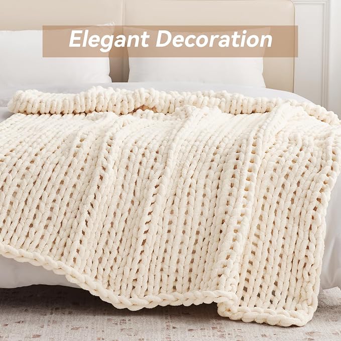 Negwoo Chunky Knit Throw Blanket, Knitted Throw Chenille Yarn, 80"*90" | Soft Thick Cable Knitted Blankets, Handmade Big Thick Blanket, Machine Washable Cute Comfy Blanket for Home Decor,Cream White