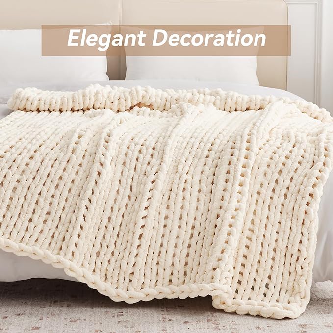Negwoo Chunky Knit Throw Blanket, Knitted Throw Chenille Yarn, 40"*50" | Soft Thick Cable Knitted Blankets, Handmade Big Thick Blanket, Machine Washable Cute Comfy Blanket for Home Decor,Cream White