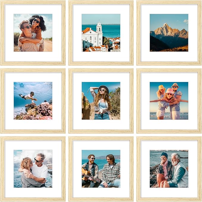 Vittanly 12x12 Picture Frames Set of 9 for Wall Mounting, OAK | Display Pictures 8x8 with Mat or 12x12 without Mat for Wall Mounting, Square Photo Frames for Home Decor, Engineered Wood