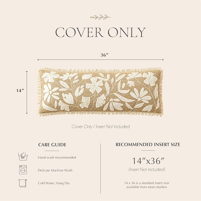BlissBlush Long Lumbar Pillow Cover 14x36 Indoor Outdoor, Jute Inspired Floral Tufted Accent Oversize Throw Pillowcase for Patio Bed Bedroom, Cover Only