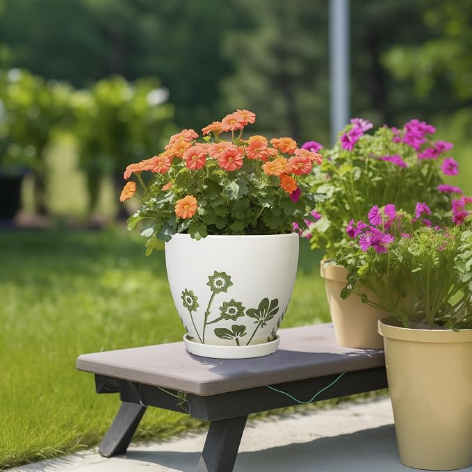 MPotTo 8.2 Inch Plant Pot - Ceramic Planter for Indoor Outdoor Flowers, Boho Round Decorative Indoor Flower Pot with Drainage Hole and Saucer, Gifts for Plant Lovers, Office Garden House Decor, White
