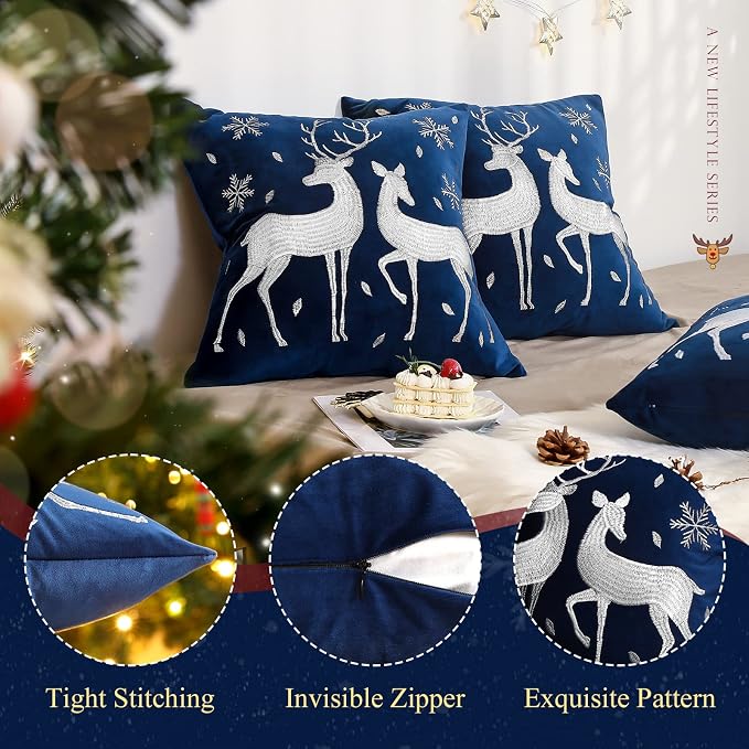 Lewondr Christmas Throw Pillow Cover, White Deer Snowflake, 18"x18", 2 Pack | Navy Blue, Soft Velvet, Embroidery Decorative, Luxurious Sofa Cushion Cover, Home Christmas Decoration