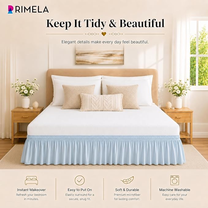 Blue Bed Skirt King Size 18 Inch Drop, Elastic Wrap Around Bedskirt | Solid Ruffled, Easy to Use, No Mattress Lifting, Wrinkle & Fade Resistant, with Adhesive Strips, Machine Wash/Dry/Iron