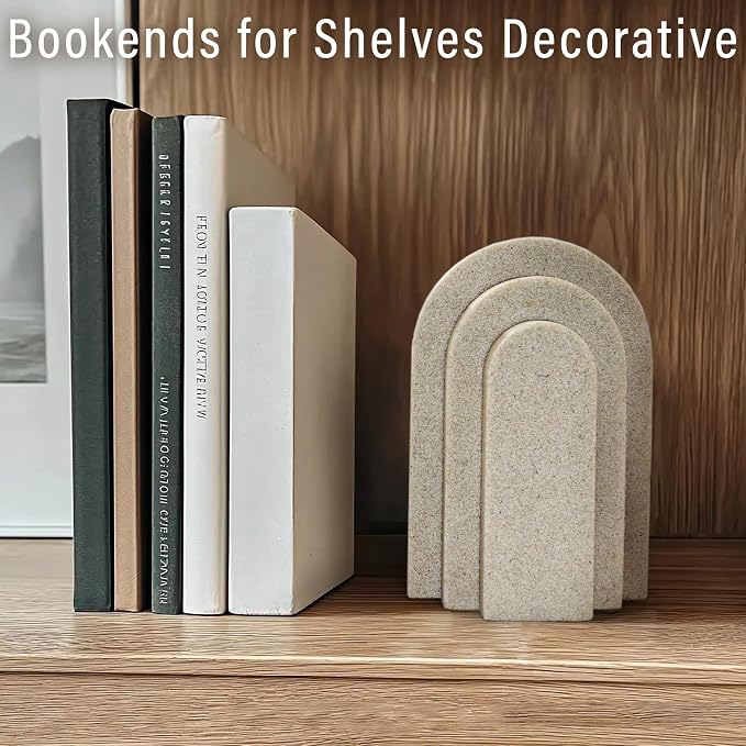 LIN CHUAN Heavy Duty Bookends for Shelves, Set of 2, Sandstone Beige | Book Ends for Heavy Books, Decorative Book Stopper with Faux Sandstone Finish, Layered Arch Design Bookshelf holder, 6.6 lbs