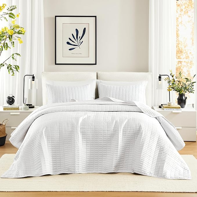 Comfort Spaces Oversized Bedspread King Quilt Set 3 Piece 120 x 118 White | Coverlet for Summer Soft Cozy Lightweight All Season Quilted Extra Layer with Matching Sham, Bedroom Decor OEKO-TEX Certified