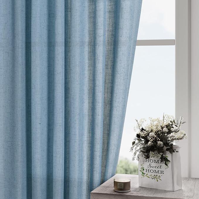 Blue Semi Sheer Linen Curtains 84 inch Length for Living Room Back Tab Modern Farmhouse Coastal Decor Stone Dusty Blue Cotton Textured Gauze Curtains for Dining Room Bedroom Blue Grey