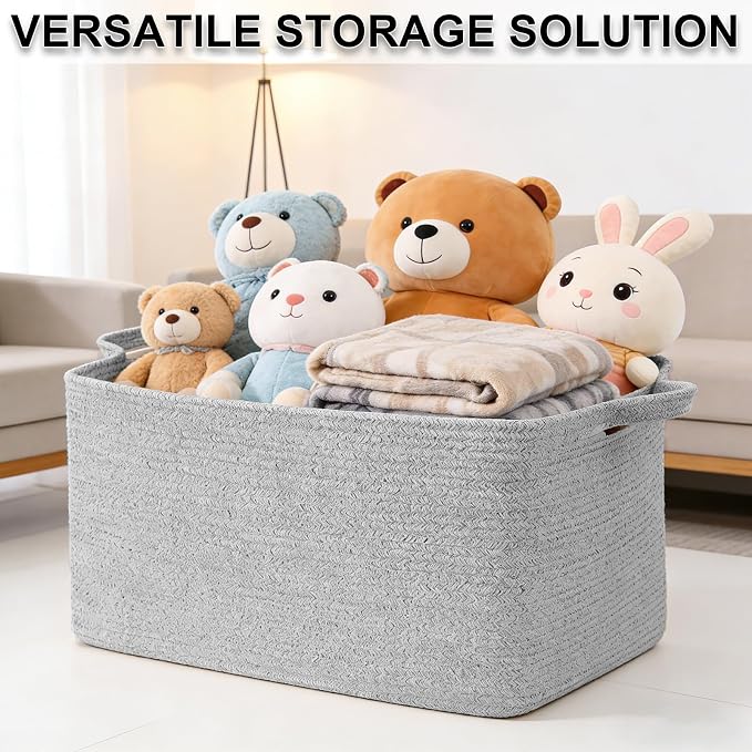 96L Woven Laundry Basket with Handles, Extra Blanket Basket, Grey | 24"×16"×15" Collapsible Cotton Rope Storage Basket for Toys Clothes & Pillows, Nursery, Bathroom, Bedroom, Living Room