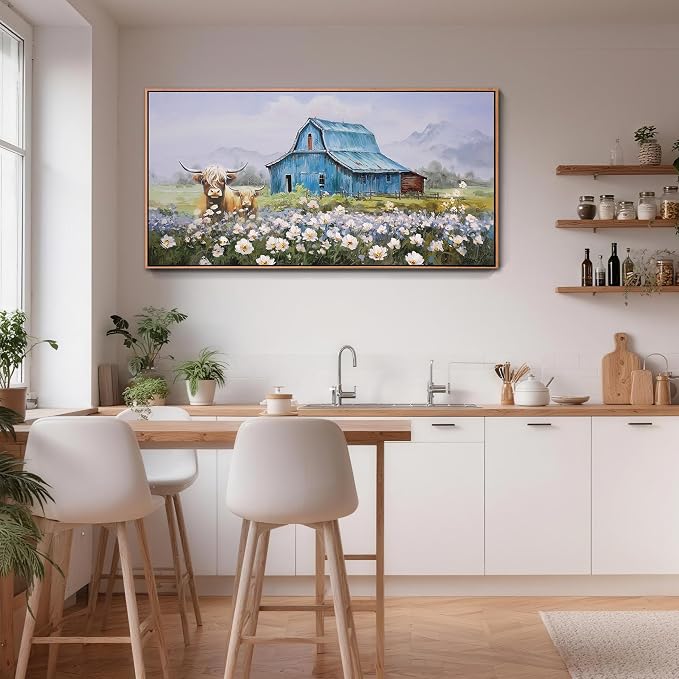 Anolyfi Highland Cow Farmhouse Wall Art for Living Room, Blue Barn Paintings Warm and Cozy Decor for Bedroom Dining Room Home Hallway, Framed 58"x29"