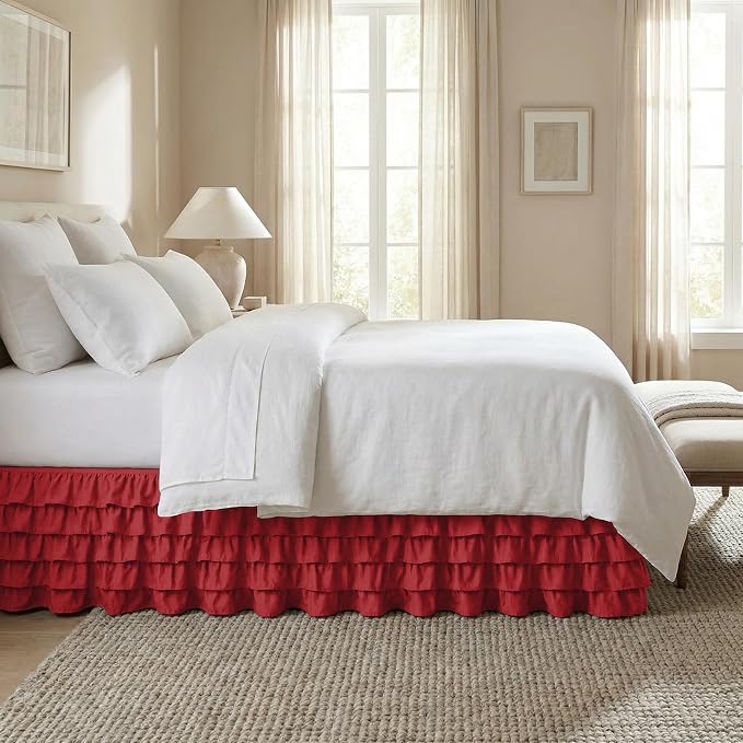 Elegant Comfort Luxurious Premium Quality 1500 Thread Count Wrinkle and Fade Resistant Egyptian Quality Microfiber Multi-Ruffle Bed Skirt - 15inch Drop, Queen, Burgundy