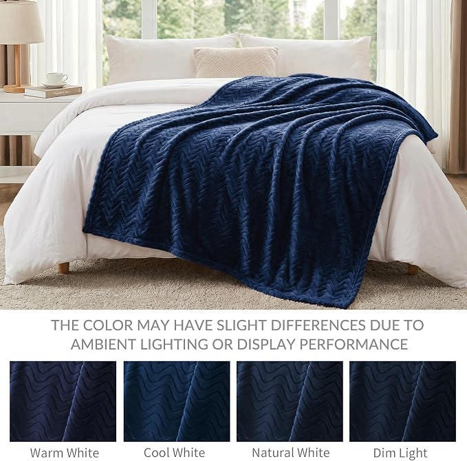 Exclusivo Mezcla Soft Fleece Blanket Twin Size for Bed, Sofa, Navy Blue | 90"x66" Breathable Lightweight Flannel Blanket for Summer, Plush Cozy Jacquard Wave for Home Decor