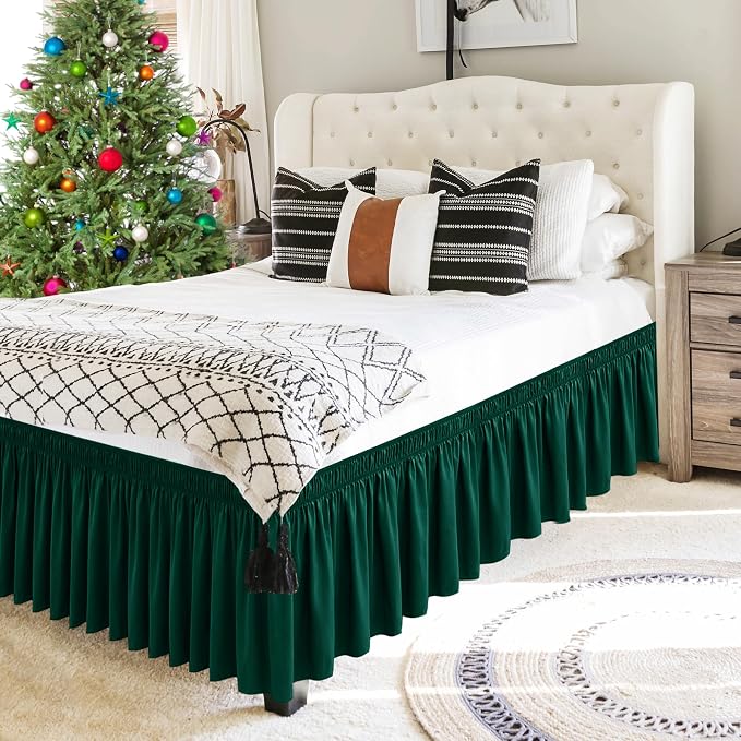 Wrap Around Bed Skirt King Size 15" Drop-Elastic Dust Ruffle Hunter Green | Adjustable Pleated Bedskirt-Easy Fit Wrinkle Resistant Washable Hotel Quality Fabric Bed Skirting-Master Guest Bedroom Rental