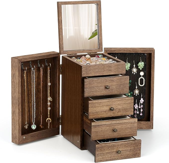 Meangood Jewelry Box Wood for Wowen, 5-Layer Large Organizer Box with Mirror & 4 Drawers for Rings, Earrings, Necklaces, Walnut