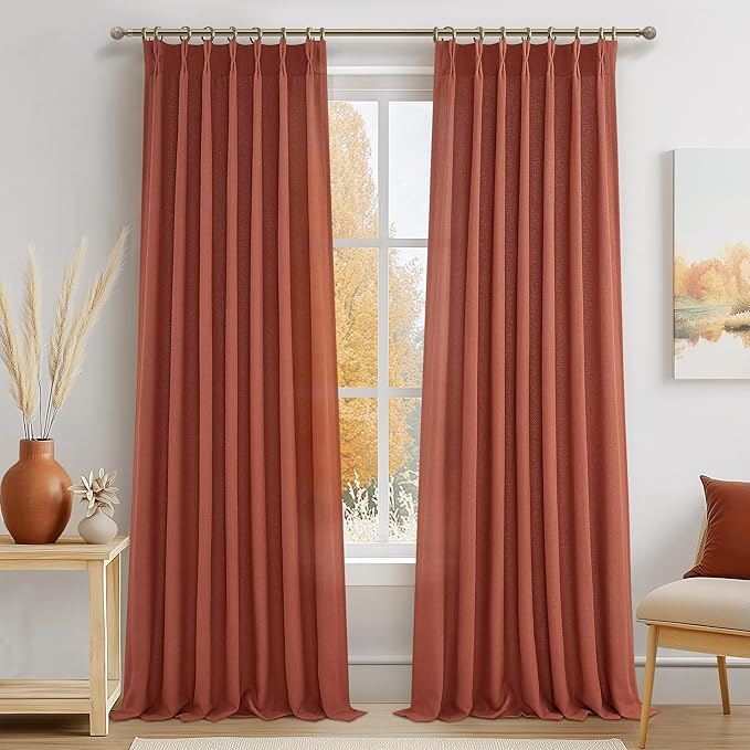Pinch Pleated Burnt Orange Semi Sheer Curtains 102 Inches Long 2 Panels Set for Dining Room, Petty Natural Thick Linen Light Filtering Triple Pleat Aesthetic Curtain with Back Tab 40"W x 102"L Length