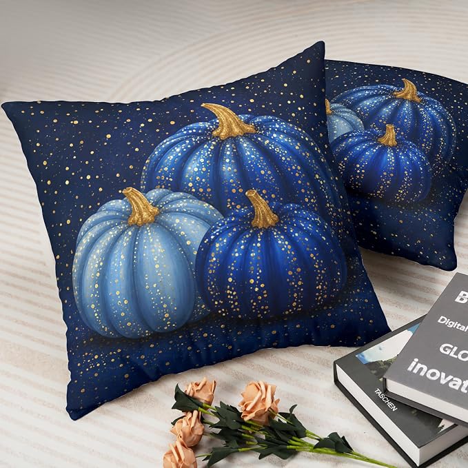 Pumpkin Pillow Covers Fall Thanksgiving Pillow Cases Autumn Blue Pumpkins Throw Pillow Covers 22x22 Set of 2 Harvest Cushion Cases for Home Farmhouse Sofa Couch Garden