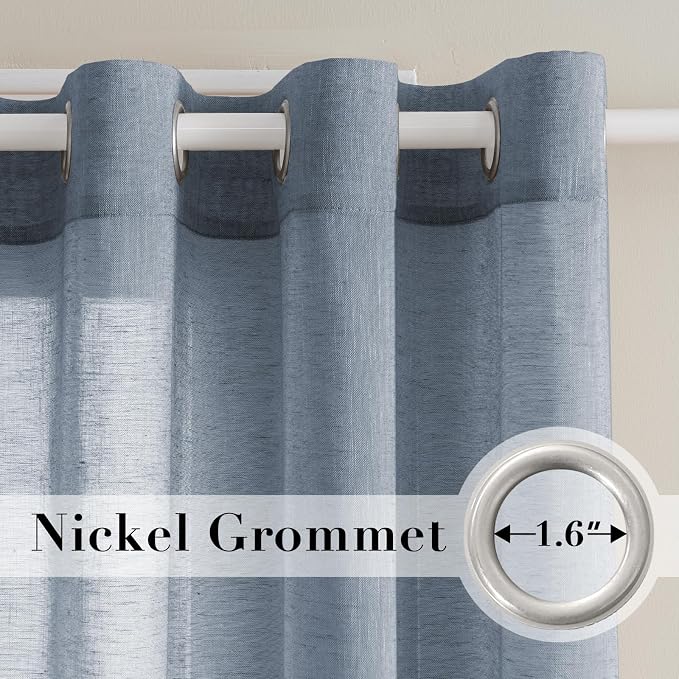 H.VERSAILTEX Semi-Sheer Linen Curtains 63 Inches Long Bedroom Window Treatments for Living Room/Rich Linen Curtain Panels, Classic Nickel Grommet Curtains, 52 by 63 Inch, 2 Panels, Denim