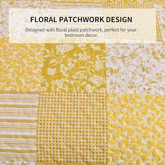 Mybedsoul Boho Quilt King Size, Patchwork Floral Bedding Set, Yellow | Soft Lightweight Microfiber Coverlet Set, 3 Pieces Plaid Reversible Bedspread, Bed Sets for All Seasons 90"x110"