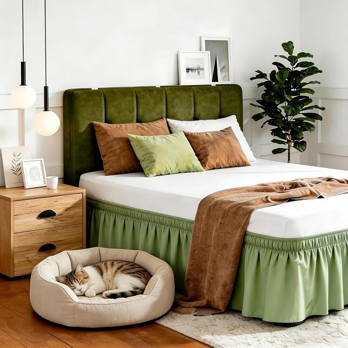 Vocander Sage Green Full Bed Skirt 14 Inch Drop, Elastic Wrap Dust Ruffle | Hides Underbed Storage, No Mattress Lifting, Elastic Stays Put, Soft Fabric, Machine Washable, Polished Look