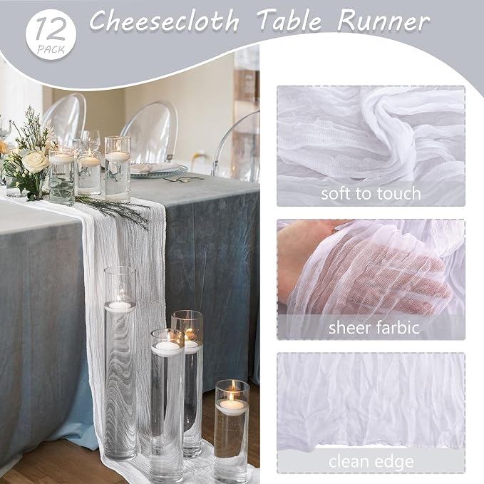 12 Pack Boho Gauze Table Runner - 35x72 Inch Rustic Cheese Cloth Long Table Runner for Wedding, Bridal Shower, Birthday Party Decor (White)
