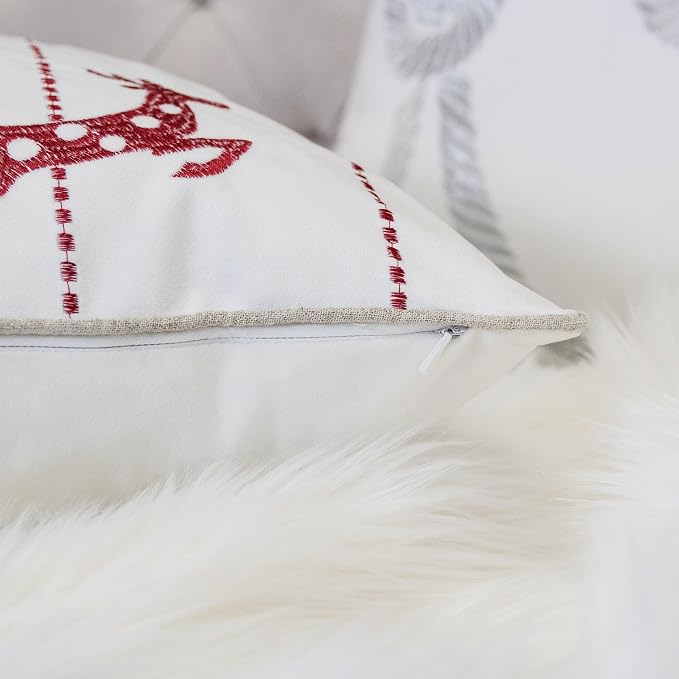 Embroidery White Velvet Throw Pillow Cover, Merry Christmas Series Snow Reindeer Luxury Soft Fuzzy Cozy Warm Slik Gift Square Couch Cushion Pillow Case 20 x 20 Inch, Cover Only