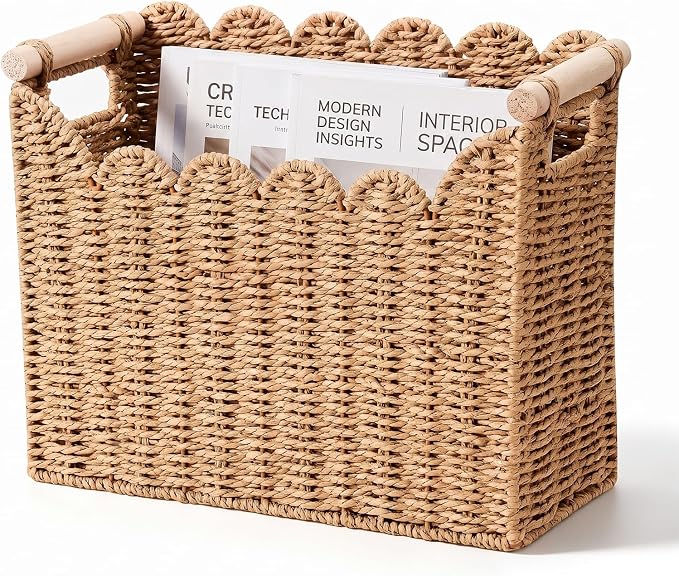 Handwoven Magazine Holder, Scalloped Edge Magazine Basket | Natural Paper Rope,Inner Iron Frame with Solid Wood Handles,For Books Newspapers Files, Office Living Room