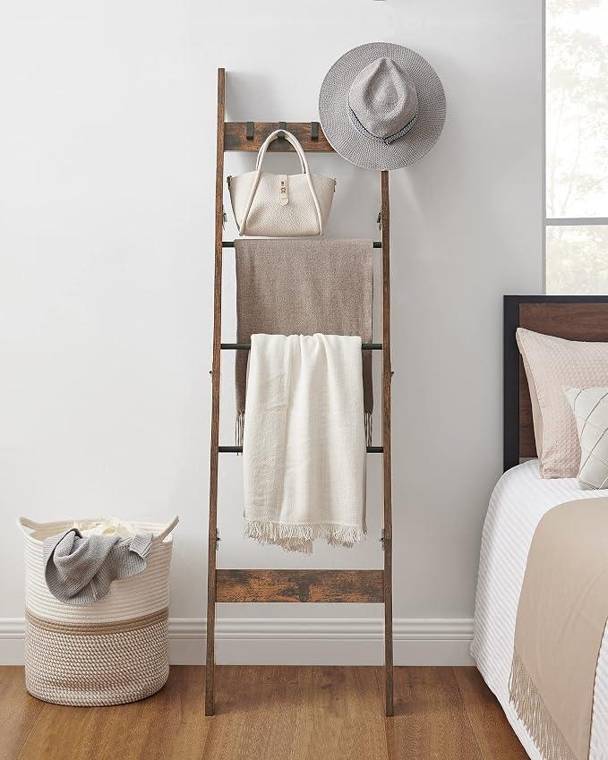 Hzuaneri Blanket Ladder Decorative Quilt Rack with 4 Removable Hooks | 5-Tier Farmhouse Ladder Holder Shelf Organizer for Living Room Bedroom, Rustic Brown 02101BBR