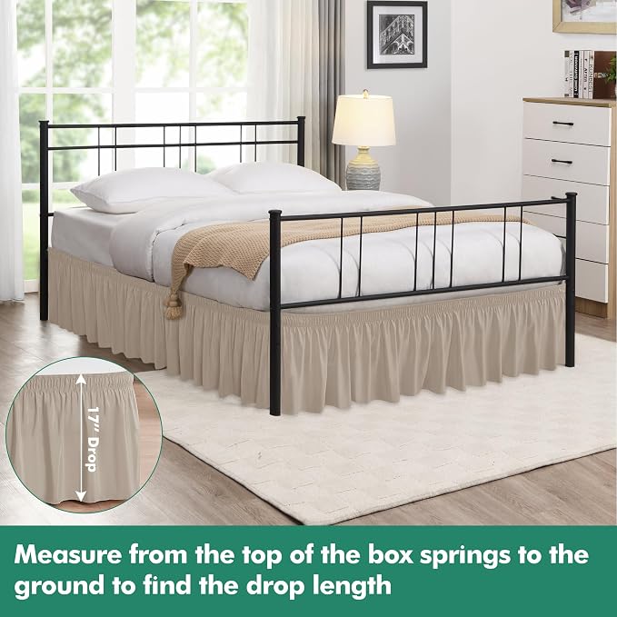 Wrap Around King Size Bed Skirt Split Corner 17" Drop-Elastic Dust Ruffle | Light Camel Adjustable Pleated Bedskirt-Easy Fit Wrinkle Resistant Washable Bed Skirting-Master Guest Bedroom Couples Hotels