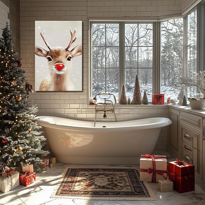 FLZYKGPA Funny Red Nose Deer Pictures Wall Decor Prints 20x30in, Cute Christmas Wall Art Decorations for Home Kitchen Bedroom Bathroom Living Room Office, Winter Cabin Canvas Decor