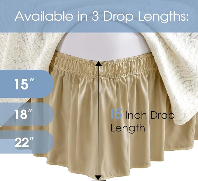 FreshCulture Twin Bed Skirt, Elastic Wrap Around Bed Skirt Twin Bed, Easy Fit with 15-Inch Tailored Drop, Hotel Quality Bed Skirts for Adjustable Bed (Beige)