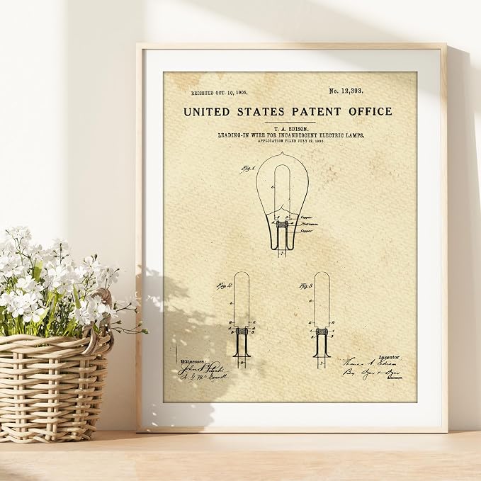 Light Bulb Patent Print Wall Art | Unframed 8x10 | Thomas Edison Vintage Wall Art | Aesthetic Wall Décor | Unique Design Print for Home, Office, or Living Room | Vintage Art Prints for Modern Spaces