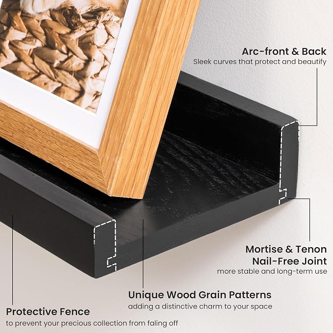 Acovy Solid Ash Wood Picture Ledge Shelf, 36 Inch, Black, Set of 2
