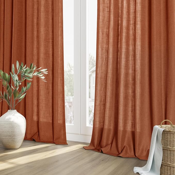 Terracotta Linen Curtains 108 Inch Length for Living Room Bedroom 2 Panels Set Rod Pocket Light Filtering Semi Sheer Window Curtains 52 Inch Width Boho Farmhouse Linen Drapes, W52xL108