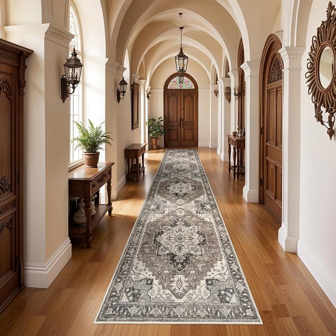 Washable Kitchen Runner Rug - 3x14 Hallway Rug Distressed Mats Non-Slip Soft Room Floor Carpet for Dining Room (Beige,3x14)