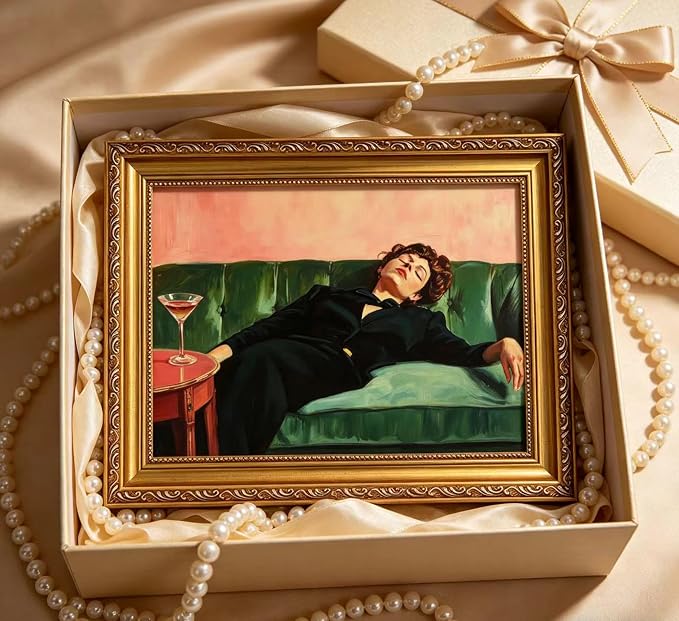 Vintage Gold Framed Bar Wall Art, Victorian Woman and Man on Couch with Martini Oil Painting Canvas Prints, Eclectic Cocktail Picture, Trendy Bar Cart Decor Poster Artwork for Kitchen Dining Room