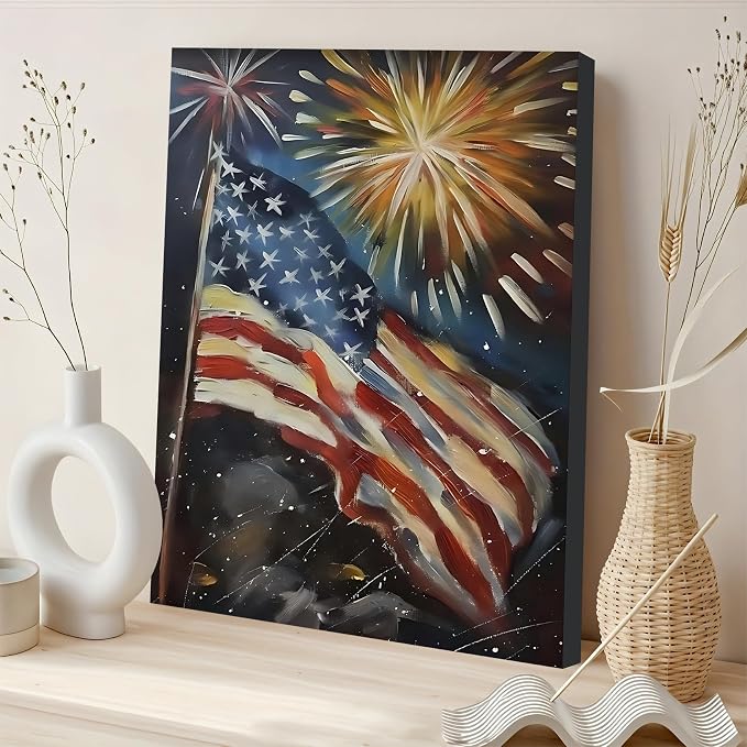 Framed 4th of July Fireworks American Flag Wall Art, Patriotic Impasto Canvas Art Pictures, USA Flag Wall Decor for Living Room Man Cave Bar, Ready to Hang Made in USA