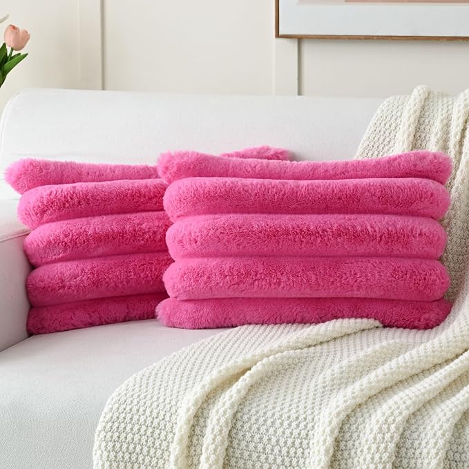 HAUSSY 2 Pack Lumbar Pillow Covers 12x20 Inch, Faux Fur Decorative Couch Throw Pillows Soft Striped Plush Cushion Covers Home Decor Cute Furry Pillowcase for Living Room Sofa Bed, Hot Pink