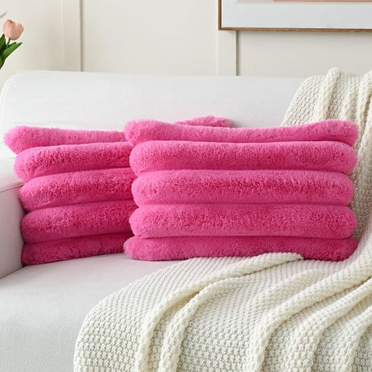 HAUSSY 2 Pack Lumbar Pillow Covers 12x20 Inch, Faux Fur Decorative Couch Throw Pillows Soft Striped Plush Cushion Covers Home Decor Cute Furry Pillowcase for Living Room Sofa Bed, Hot Pink