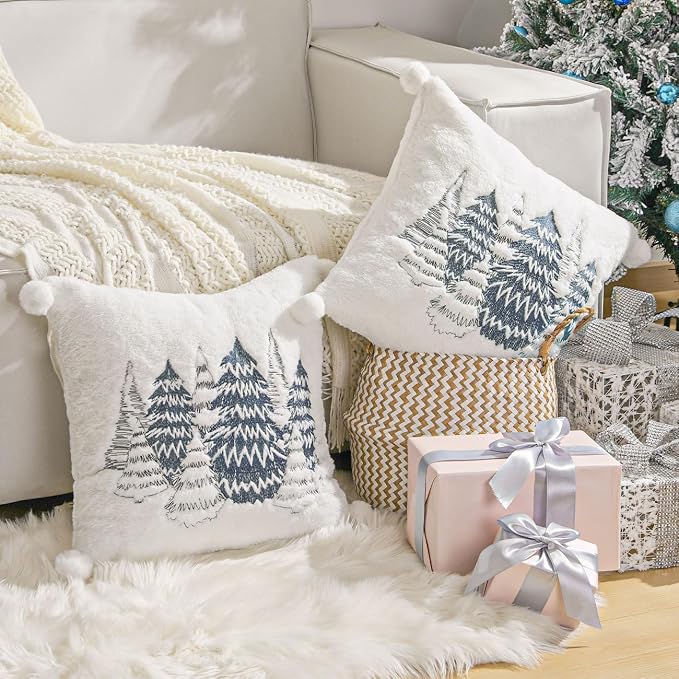 Lewondr Christmas Throw Pillow Cover, 18x18 Inch, Set of 2, Cedarwood | Double-Sided, Luxury Soft Faux Fur, Decorative with Plush Ball, Cute Embroidered, For Bed Home Decor Living Room