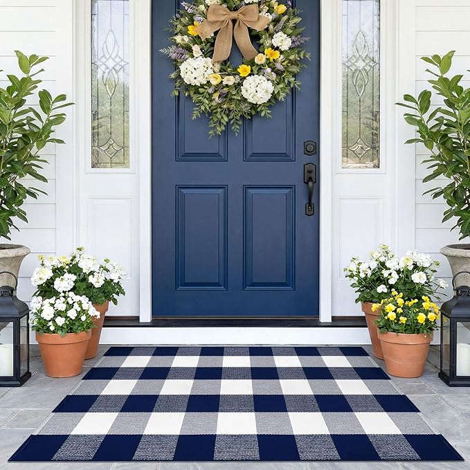 KOZYFLY Buffalo Plaid Area Rugs 2.3x3.6 Ft Blue and White Door Rug | Washable Front Door Mat, Woven Cotton Indoor Outdoor Rug, Checkered Doormat for Front Porch Kitchen Entryway Patio Farmhouse