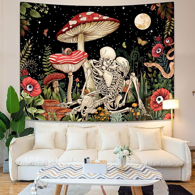 Accnicc Mushroom Skull Tapestry Skeleton Floral Plant Flower Aesthetic Bedroom Tapestries Nature Moon Wall Tapestry for Dorm Living Room (48'' × 36'')