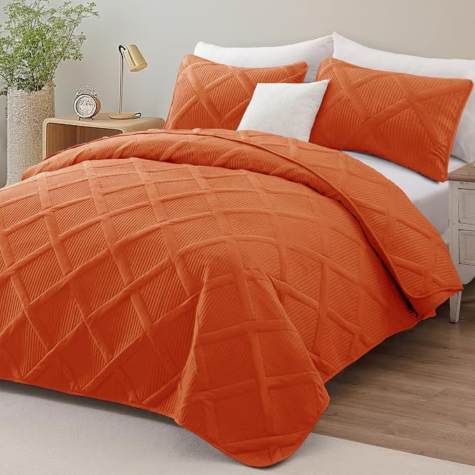 Exclusivo Mezcla Quilts Queen Size, Burnt Orange | Soft Bedspreads with 2 Pillow Shams, Modern Striped Pattern, Lightweight Bedding Set Coverlets for All Seasons, 90x96 Inch