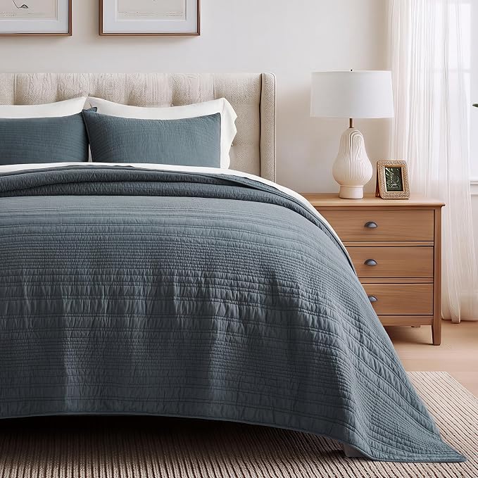 EVERGRACEHOME 100% Cotton Quilt Set Oversized Cal King, Midnight Blue | Pre-Washed Soft Cotton, Striped Coverlet Bedspread, 3 Piece Lightweight Bedding Set for All Season, with 2 Pillow Shams