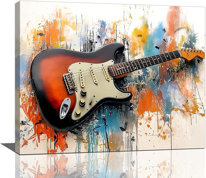 Guitar Wall Art Guitar Wall Decor Music Pictures Graffti Musical Instruments Canvas Prints Painting Artwork Splash Decoration for Music Room Bedroom Living Room Framed Gifts 16"x20"