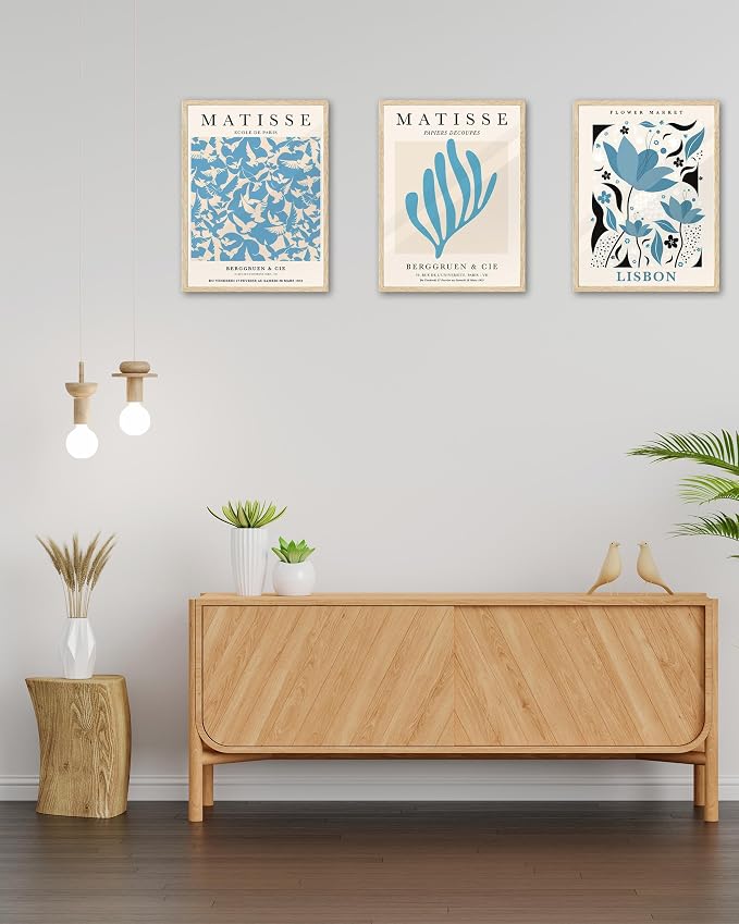 KensTro 12x16 Oak Picture Frames Set of 3 with Blue Art Prints | Natural Solid Oak Wood Frames with 3 Coordinating Blue Prints for Posters, Photos, Paintings and Gallery Wall Décor