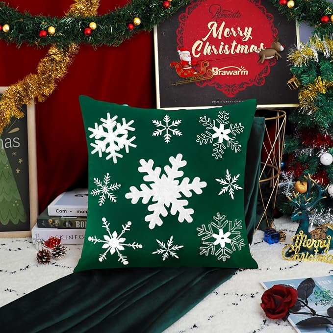 BRAWARM Christmas Pillow Cover 20 X 20 Inches, Christmas Green Snowflake Embroidered Pillow Cover, Soft Velvet Decorative Throw Pillow for Couch Bed Sofa Living Room Home