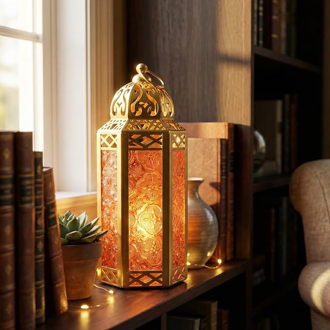 Vela Lanterns Decorative Indoor Moroccan Candle Holder, Gold Amber, M