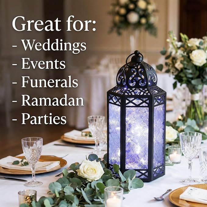 Vela Lanterns Decorative Indoor Fairy Light Candle Holder, Clear, L | Ramadan & Eid Decor, Fantasy Wedding Centerpieces, Moroccan Metal Hanging Flameless LED Lamp, Outdoor Porch Patio, 12" Tall
