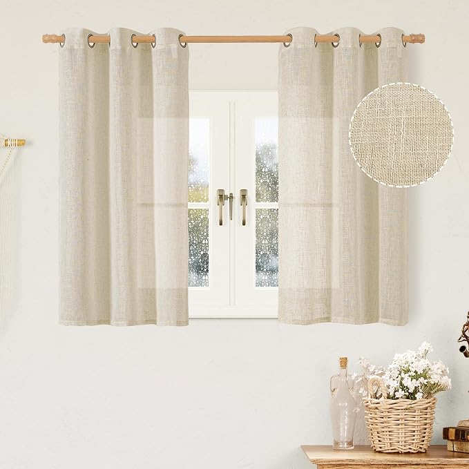 45 Inch Length Short Window Linen Curtains for Bedroom 2 Panels | Light Filtering Panels, Semi Sheer, Curtains for Bathroom, Loft Room, Bronze Grommet, Neutral Drapes, Linen, 34 x 45 Inch
